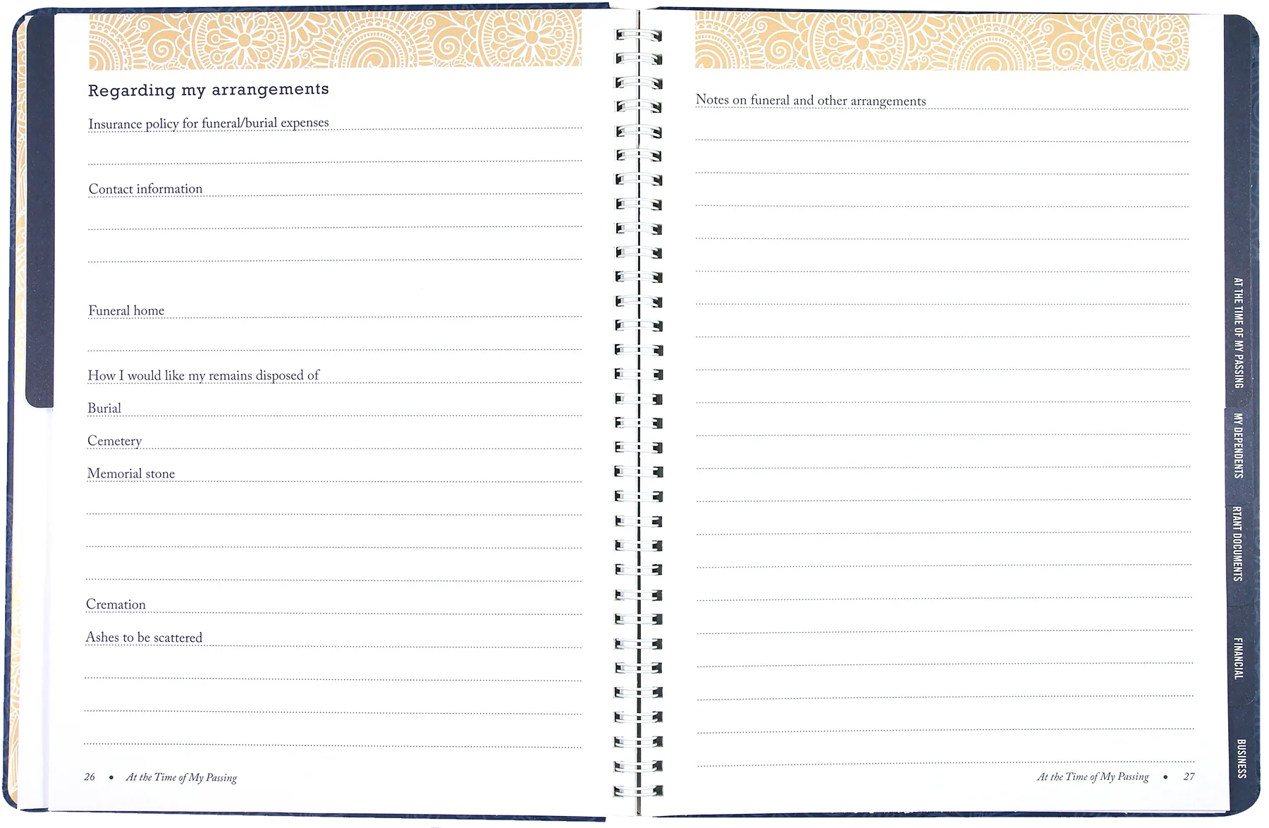 I'm Dead Now What! Organiser. Open notebook with pages on funeral arrangements and memorial information.