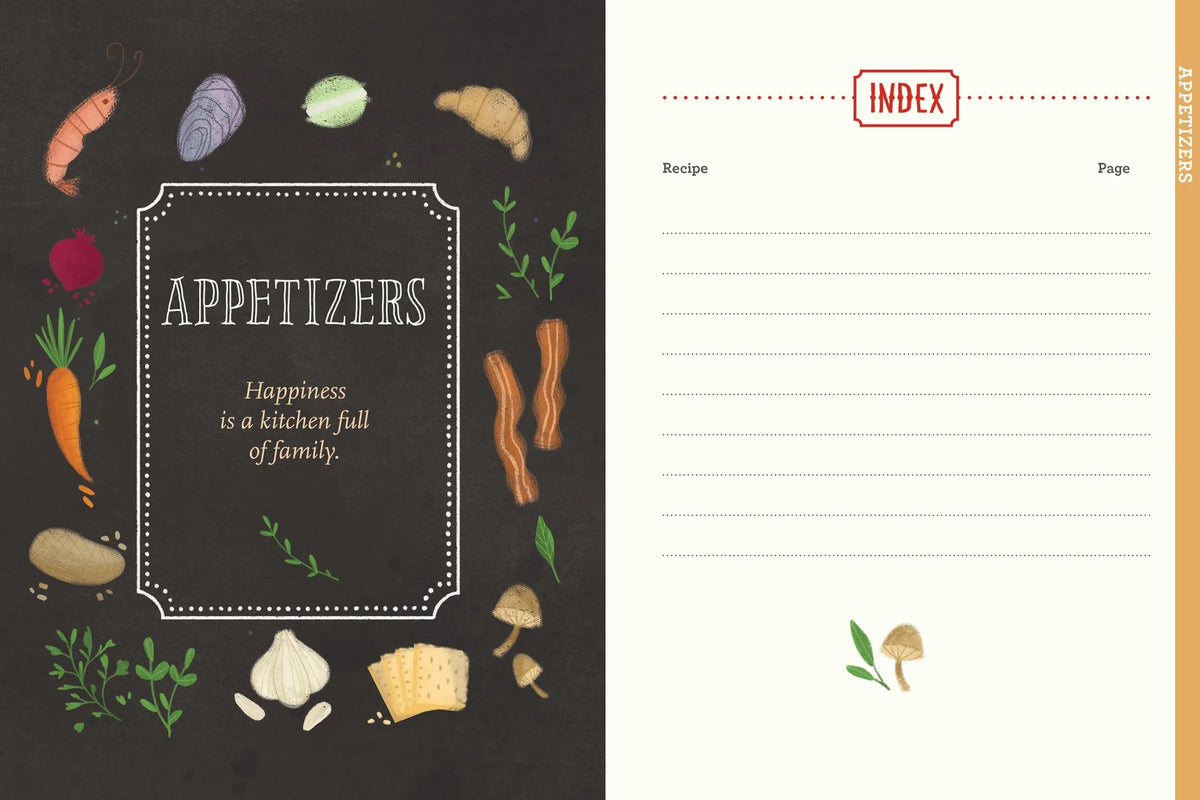 Our Family Recipes. Cookbook cover with illustrations of appetizers and a section titled 'Appetizers' on a black background.