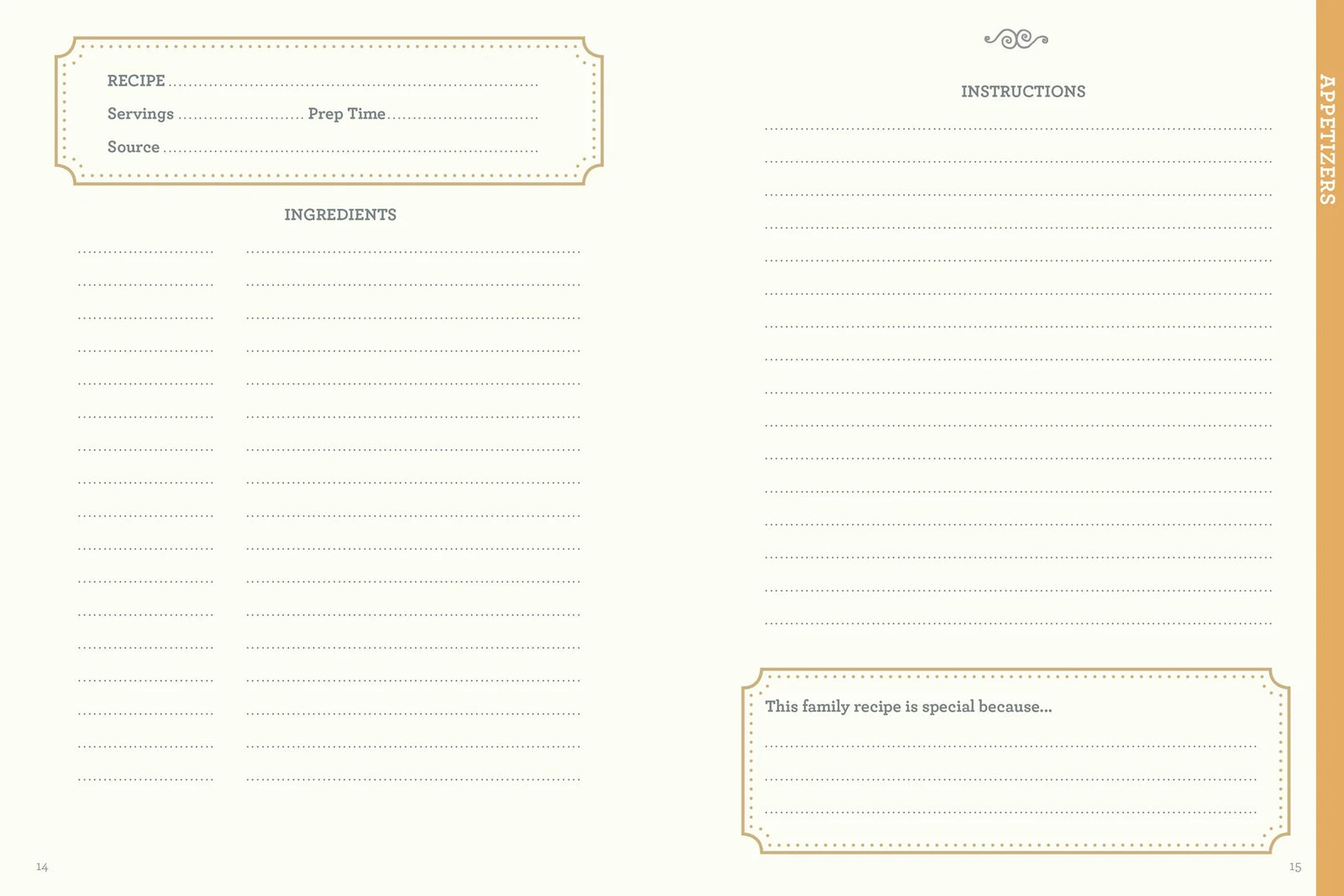 Our Family Recipes. Blank recipe card with sections for ingredients, instructions, and notes.