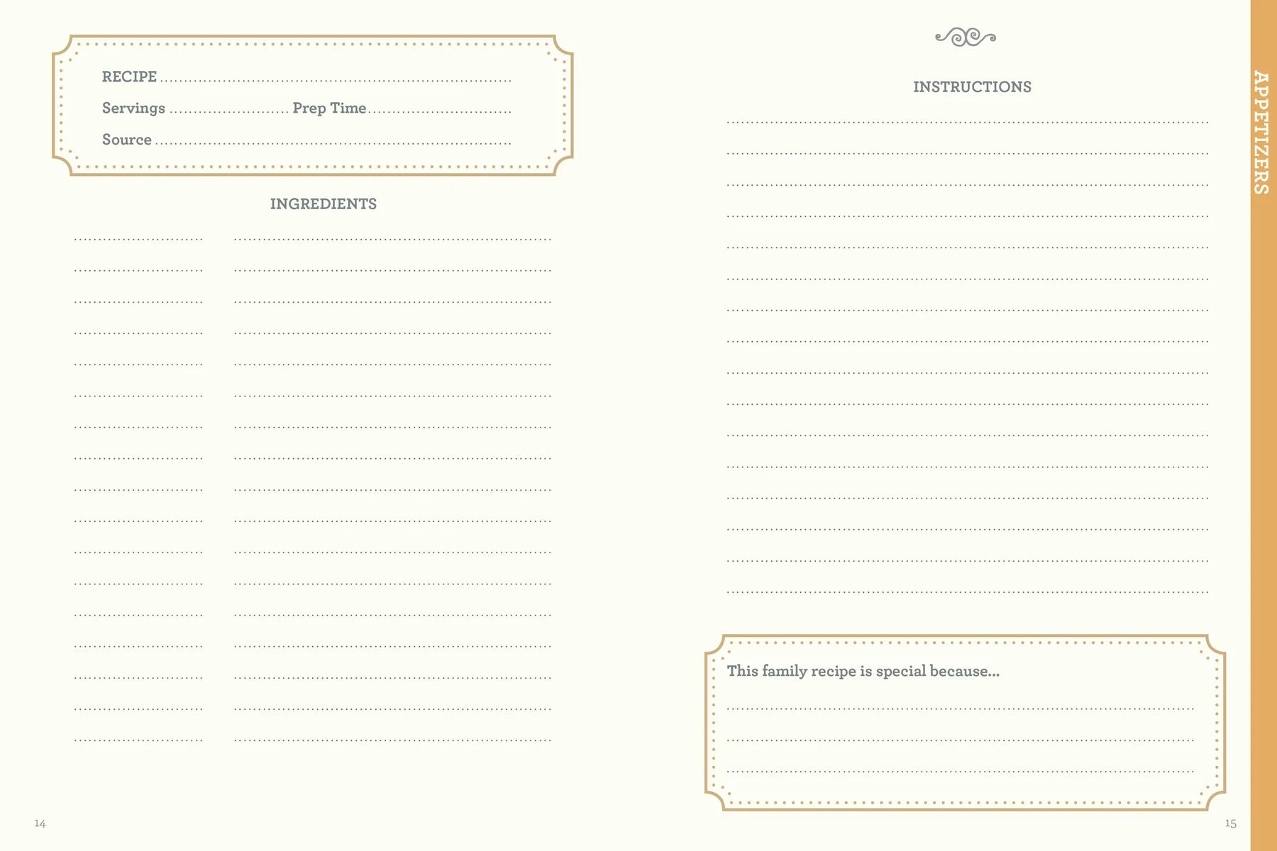 Our Family Recipes. Blank recipe card with sections for ingredients, instructions, and notes.