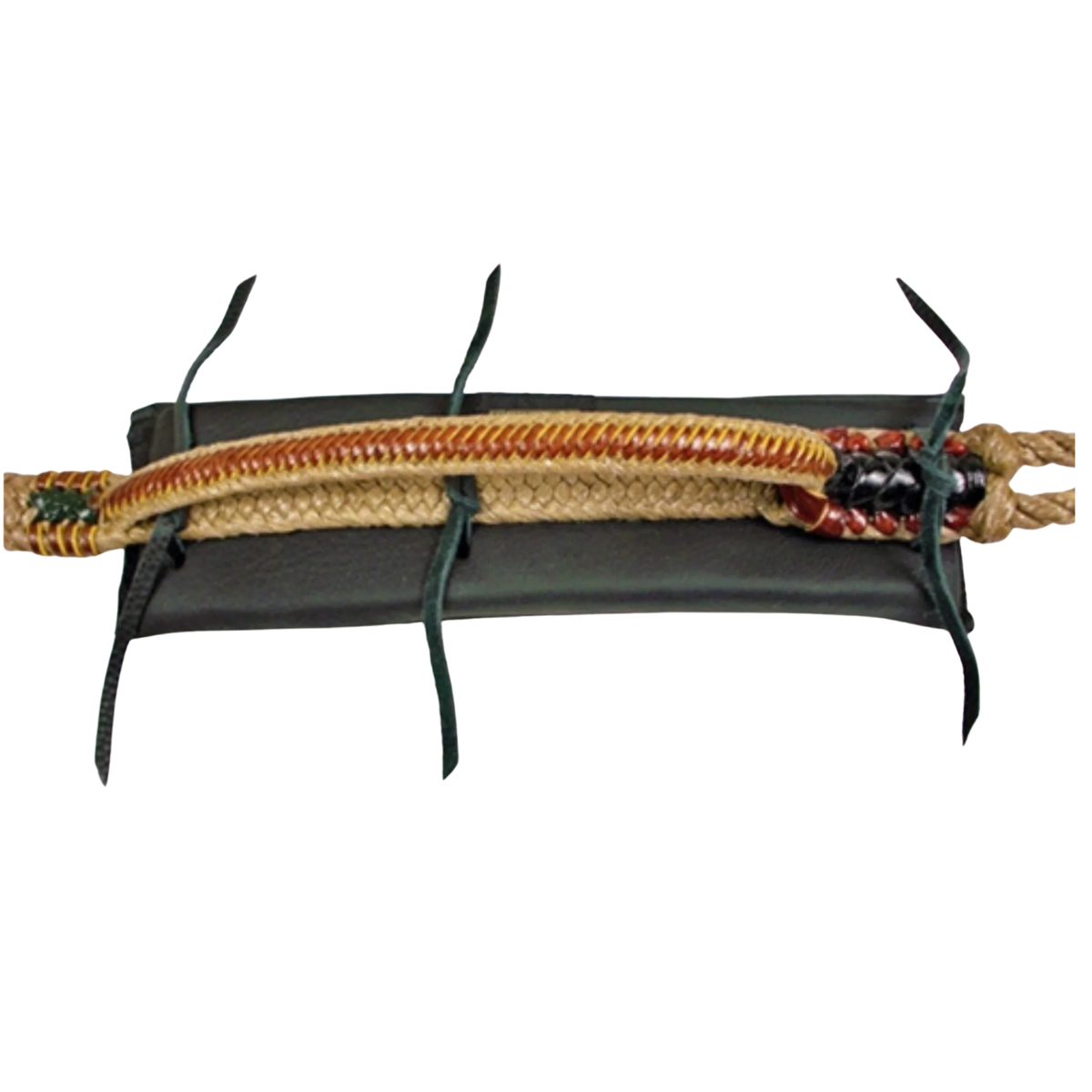 Barstow Bull Rope Pad. Black archery bow quiver with multicolored bow string on a white background