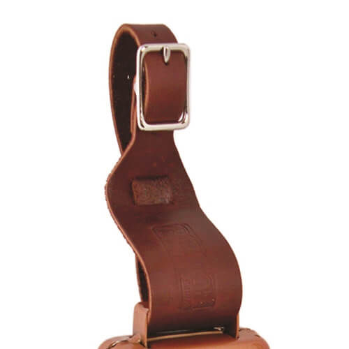 Barstow Leather Bull Bell Strap. A brown leather strap with a metal buckle designed for attaching a bell to a rope.