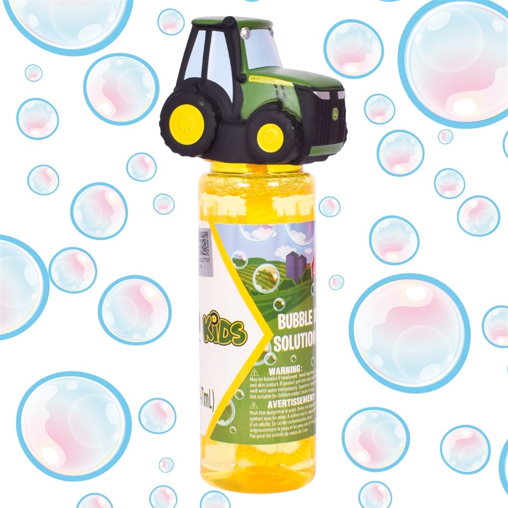 John Deere Tractor Top Bubble Solution 147ml Bottle. Bubble solution bottle with tractor design on a background of bubbles