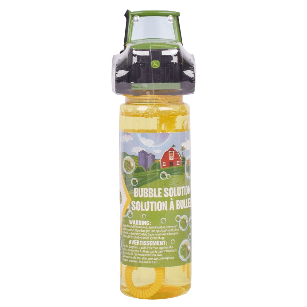 John Deere Tractor Top Bubble Solution 147ml Bottle. Bottle of bubble solution with a tractor-shaped dispenser on a white background