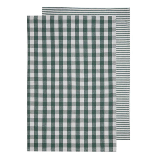 Eco Gingham Green 2pk Kitchen Towel. Two green and white checkered towels on a white background