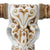 Hand Carved Animal Head Wallart. Decorative axe head with intricate patterns and wooden handle on a white background