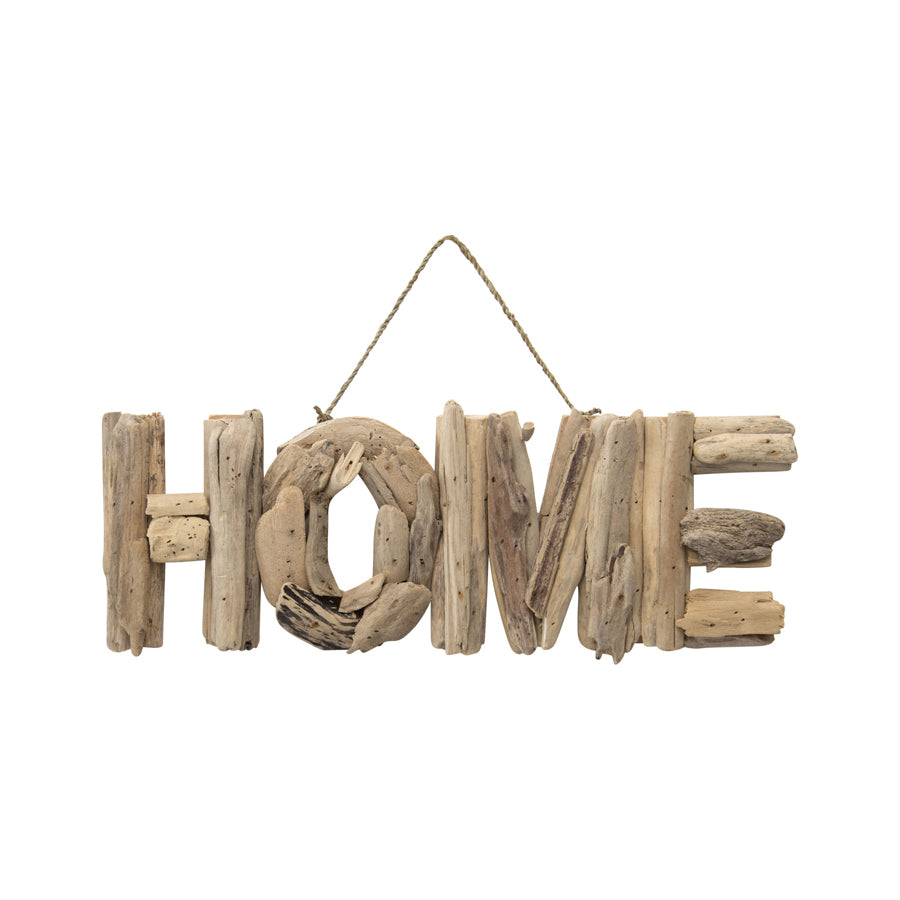 Hand Made Driftwood Home Wallart. Driftwood sign with 'HOME' letters on a white background