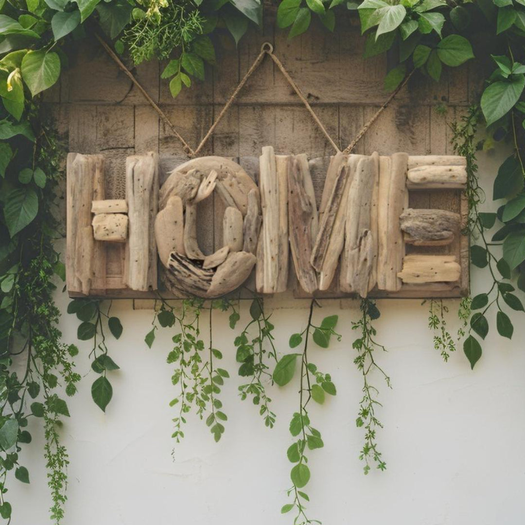 Hand Made Driftwood Home Wallart. Wooden 'HOME' sign made from driftwood hanging on a wall with greenery.