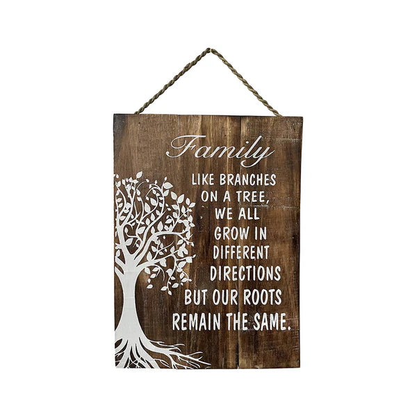 Family Tree Handcrafted Wall Art. Wooden sign with family tree design and quote on a white background