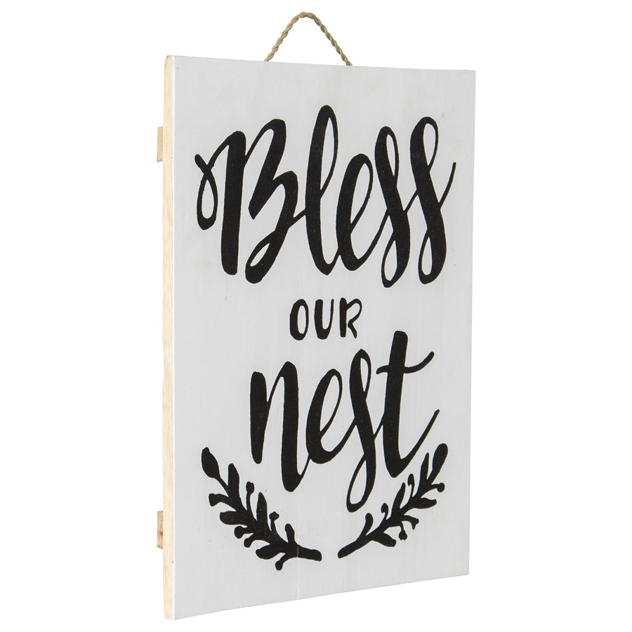 Handcrafted Monochrome Bless Our Nest Wallart. Decorative sign with 'Bless our nest' text on a white background