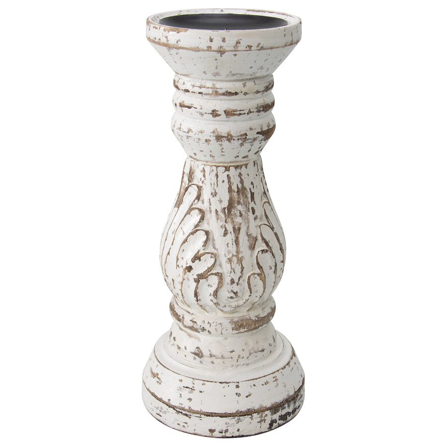 Handcrafted Eternity Pillar Candleholder. Decorative white candle holder with brown accents on a white background