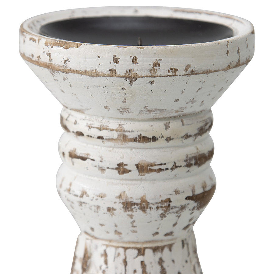 Handcrafted Eternity Pillar Candleholder. White distressed candle holder with a dark interior on a white background