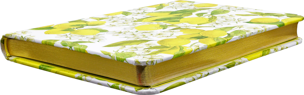 Amalfi Lemons Small Journal. Floral-patterned fabric cover on a book with yellow edges