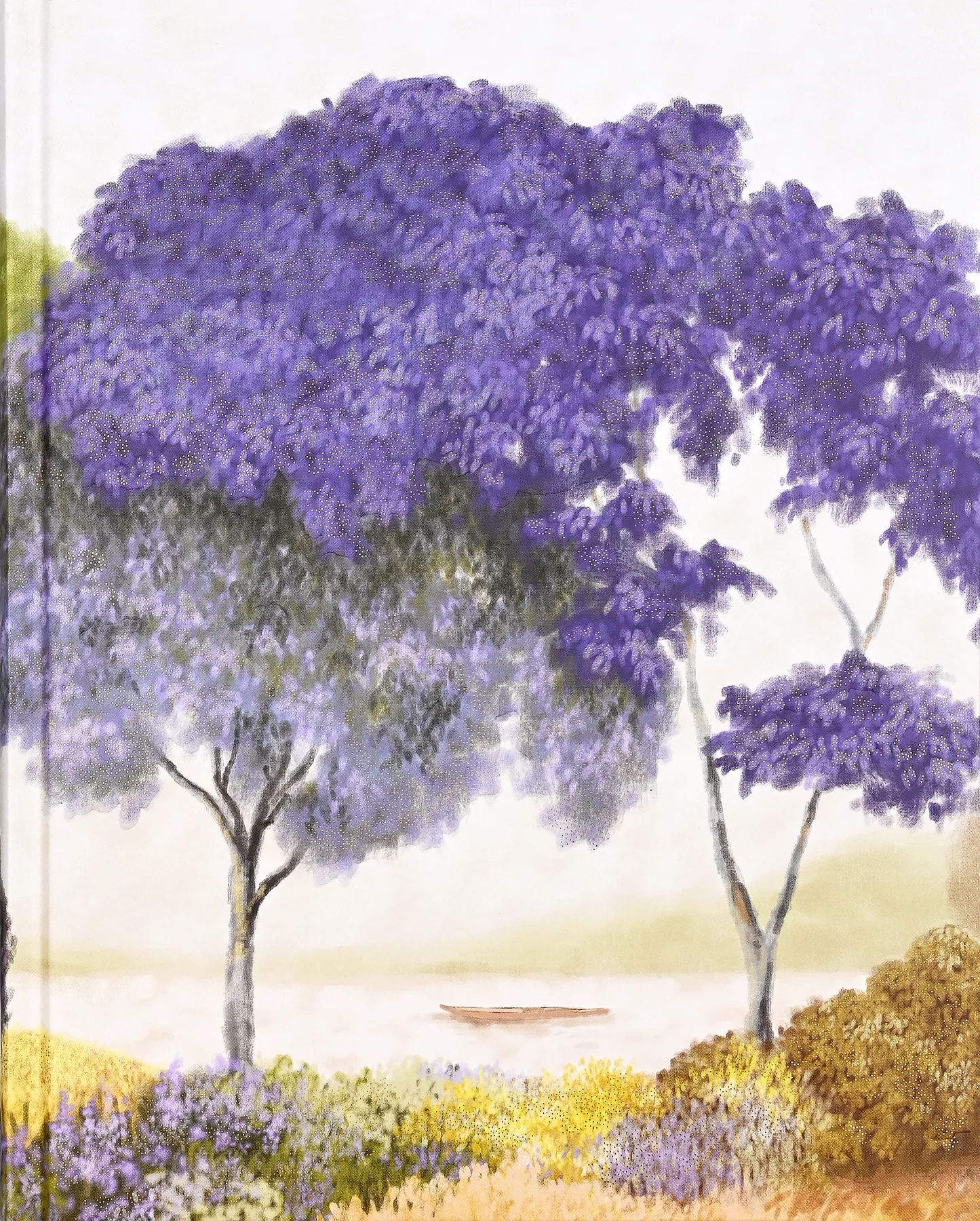 Midsummer Day Journal. Painting of a tree with purple flowers in a landscape