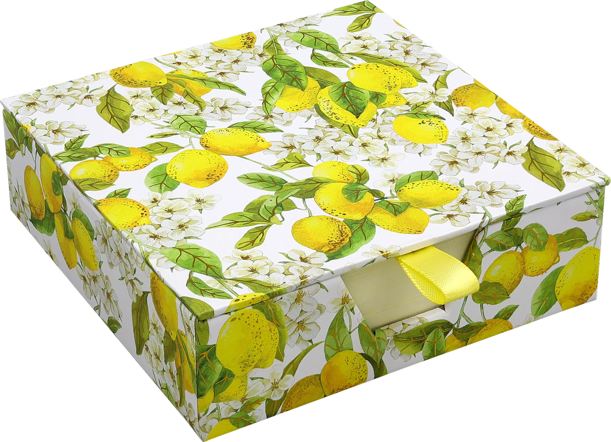 Amalfi Lemons Desk Notes. Storage box with lemon and flower pattern on a white background