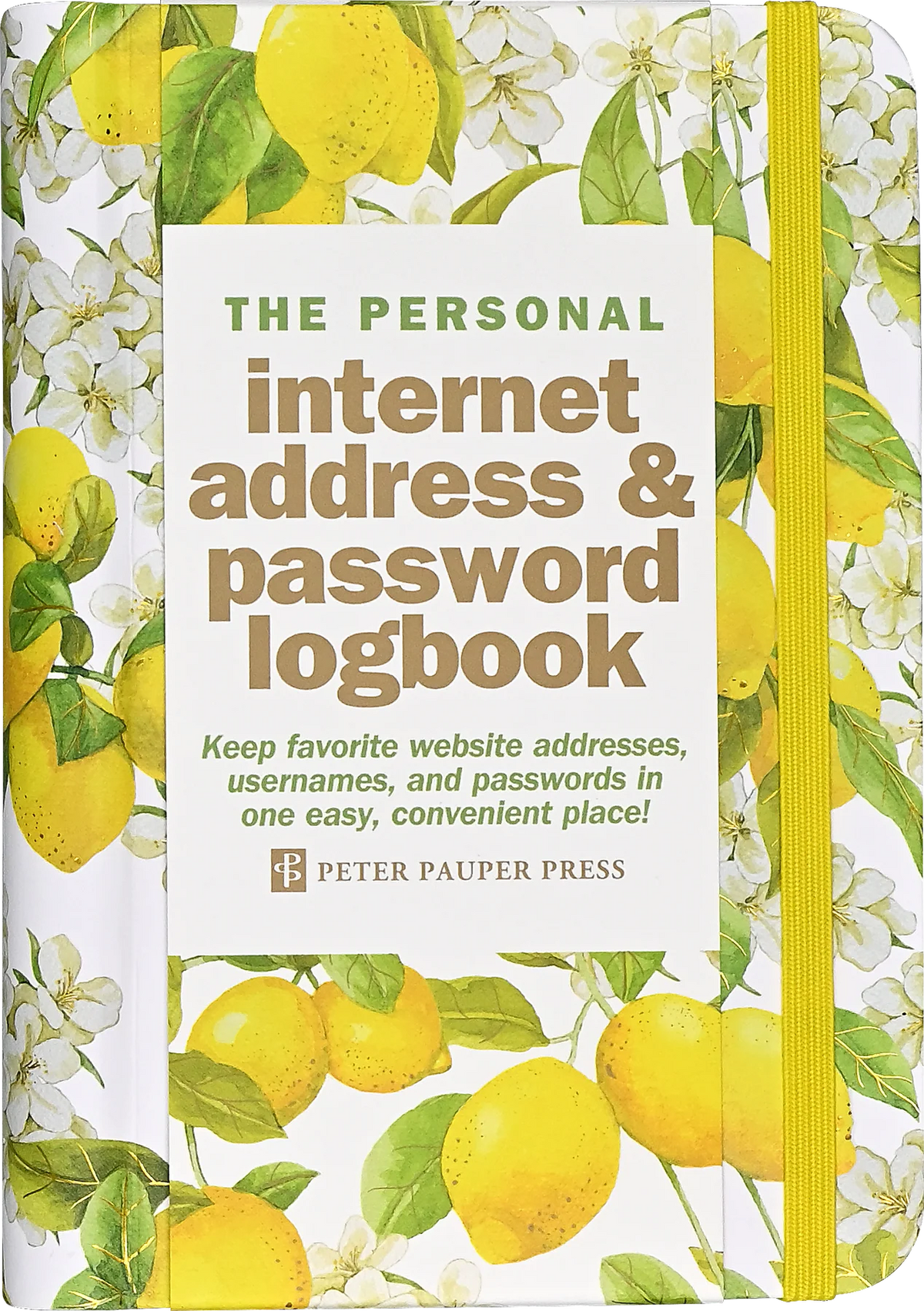 Amalfi Lemons Internet Address &amp; Password Logbook. Notebook with lemon and flower design on the cover, featuring text about internet address and password logbook.
