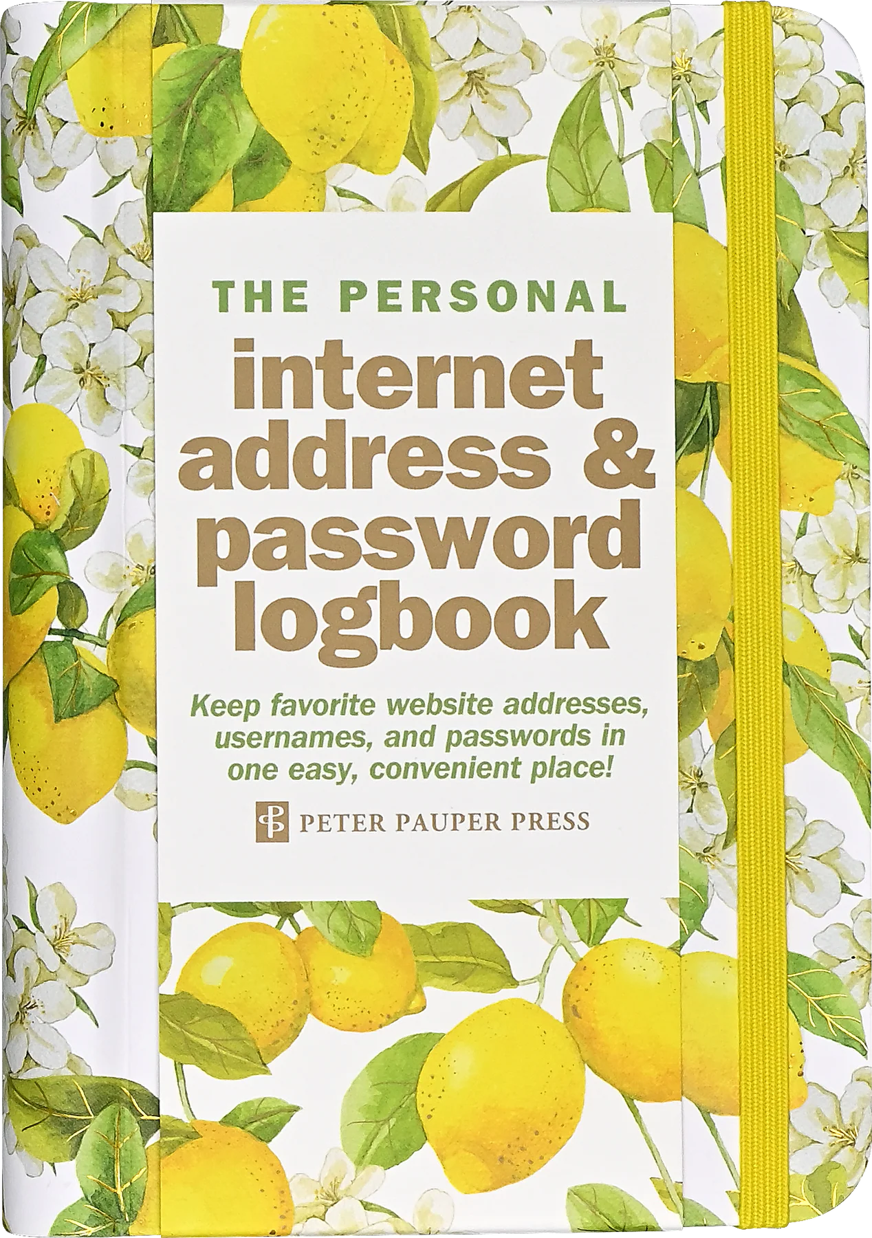 Amalfi Lemons Internet Address & Password Logbook. Notebook with lemon and flower design on the cover, featuring text about internet address and password logbook.