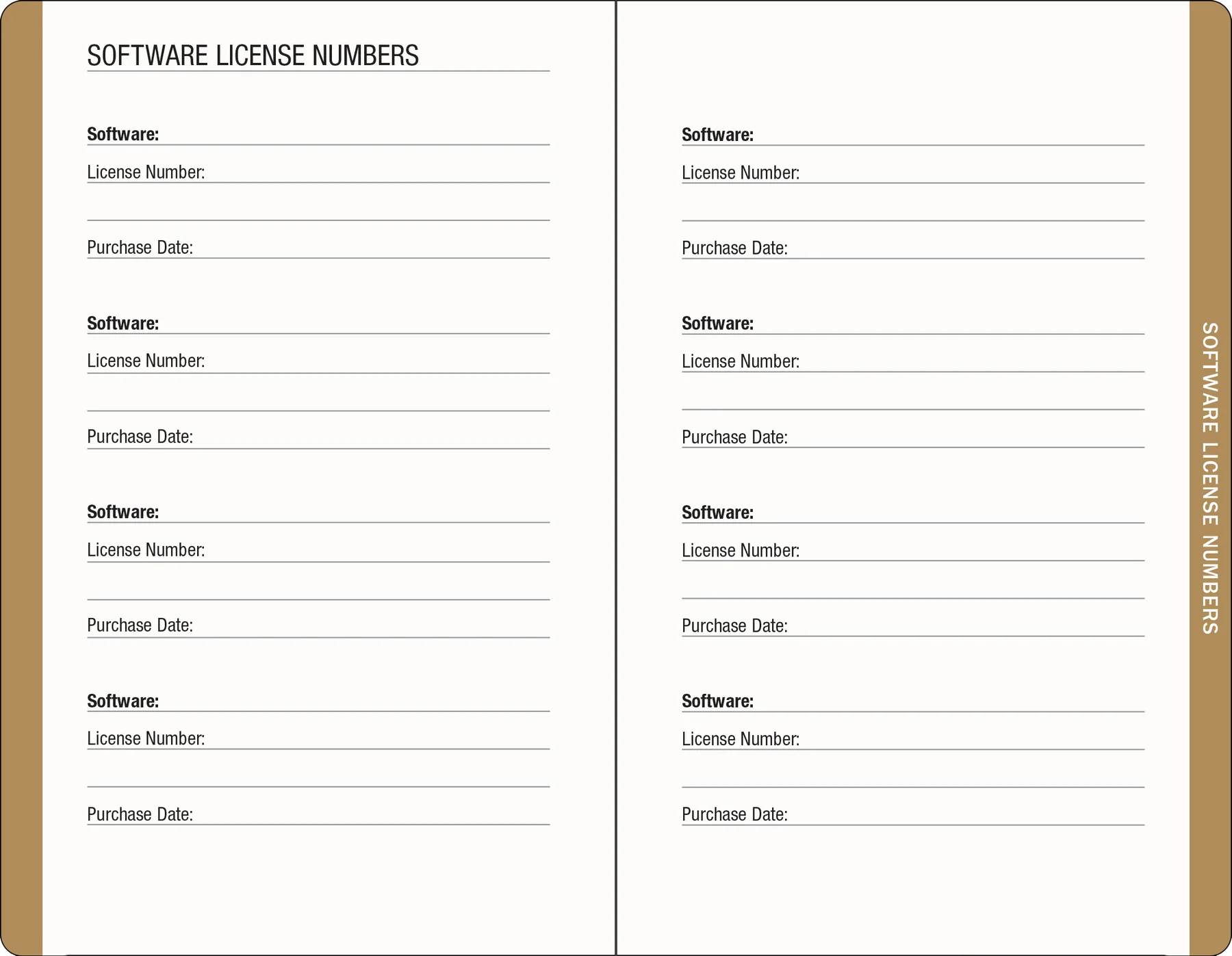 Amalfi Lemons Internet Address & Password Logbook. Two pages of a software license number tracker with columns for software name, license number, and purchase date.