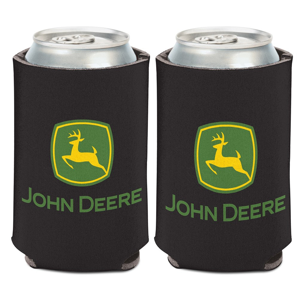 John Deere Can Cooler-Black with Logo 2-Sided. Two black can coolers with John Deere logo and text on a white background