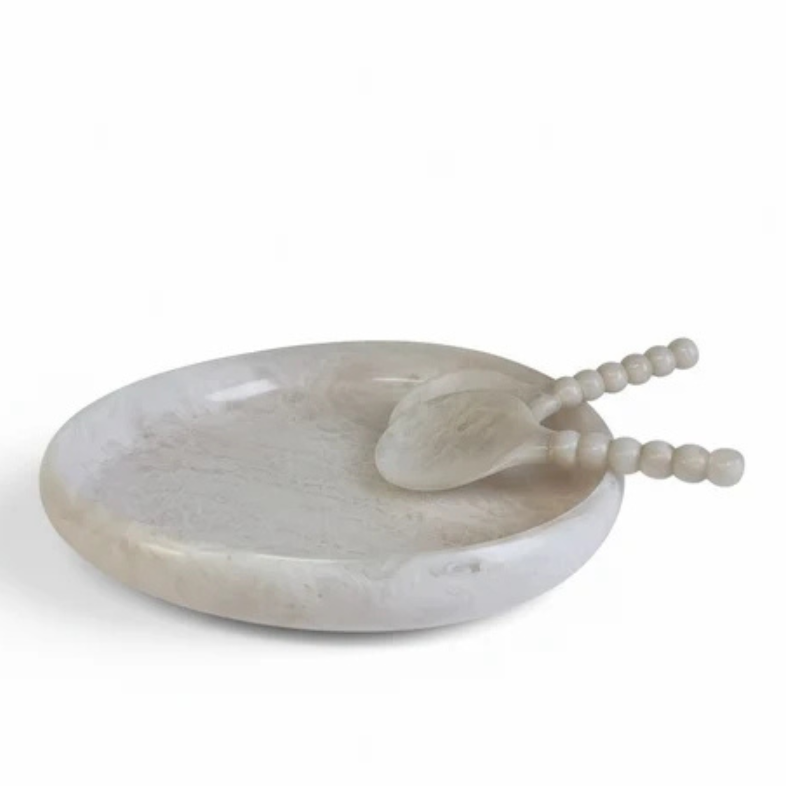 A light gray stone tray with a matching beaded spoon resting inside, photographed on a clean white background.