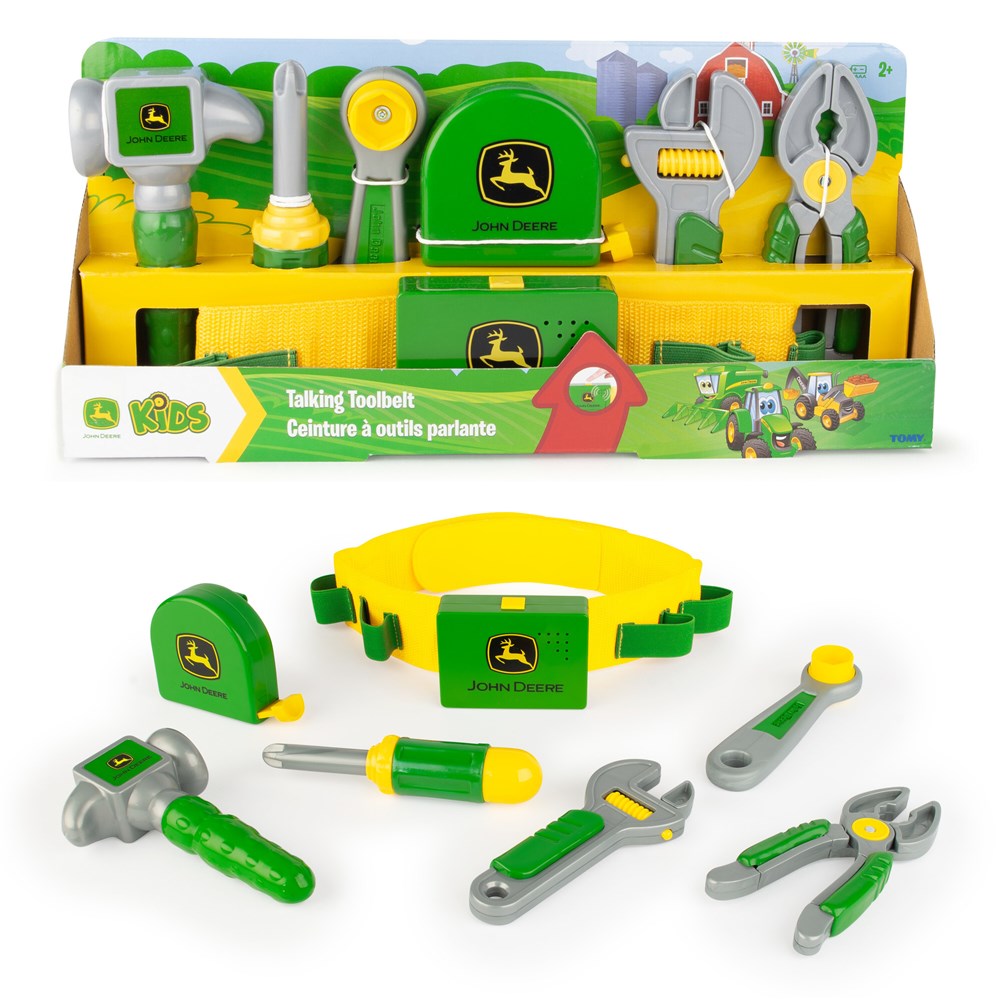John Deere Deluxe Talking Toolbelt Set . Toy toolset with tools and a toolbox in packaging, featuring John Deere branding.