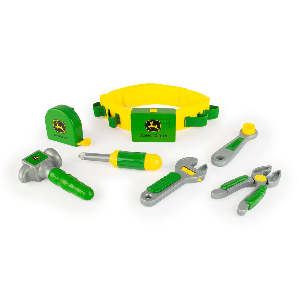 John Deere Deluxe Talking Toolbelt Set . Toy toolset with tools and a toolbox in packaging, featuring John Deere branding.