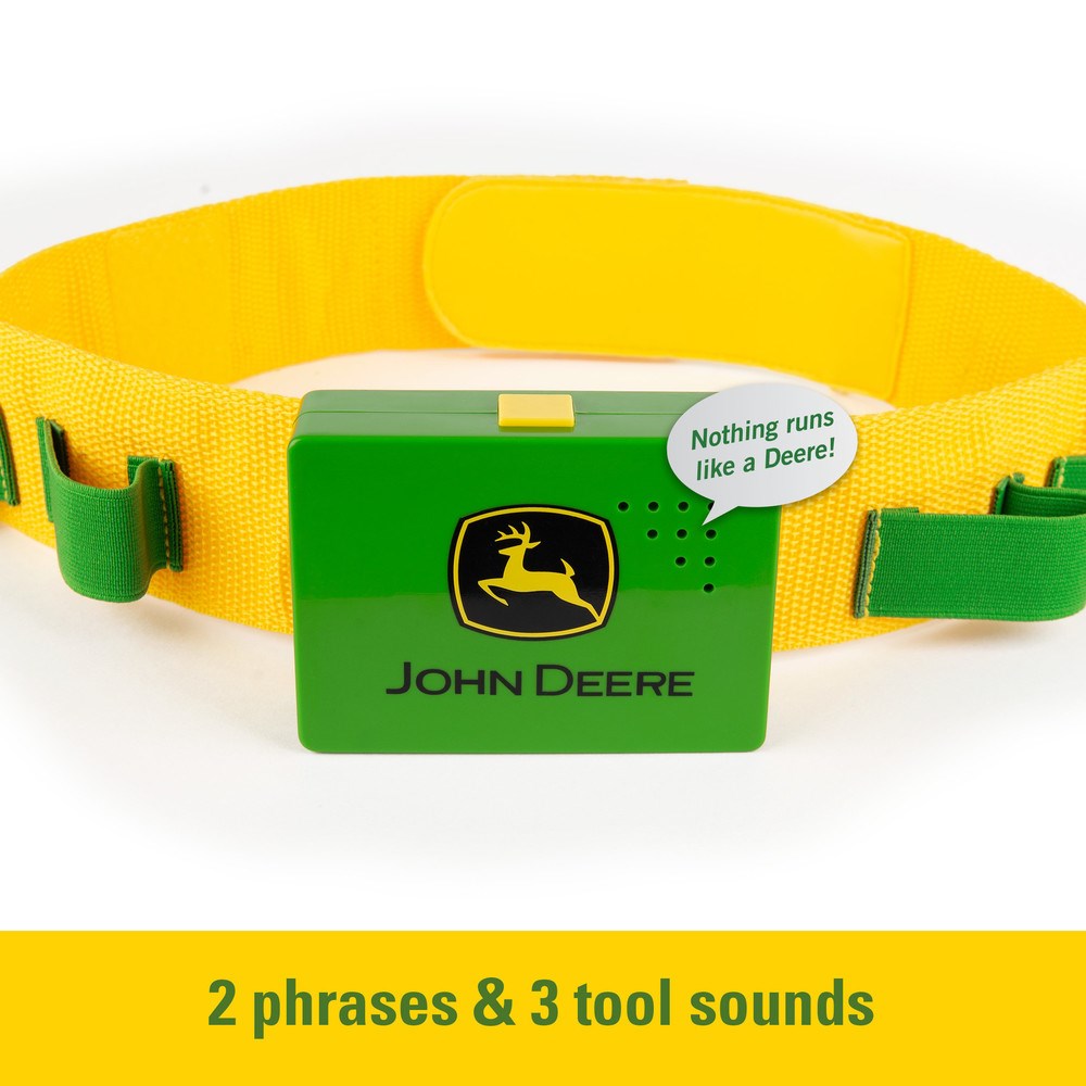 John Deere Deluxe Talking Toolbelt Set . Yellow and green dog collar with John Deere logo on a white background
