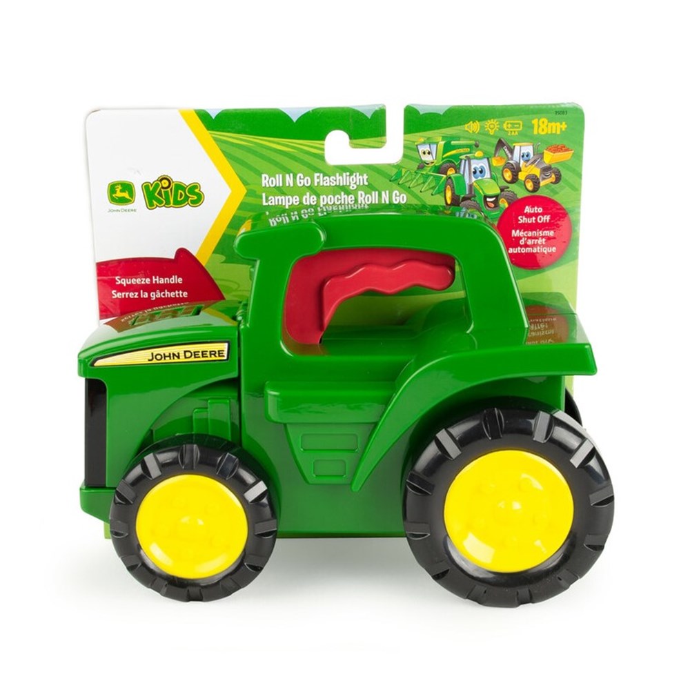 John Deere Tractor Torch . Toy tractor with green and yellow color scheme, featuring John Deere branding, on a white background.