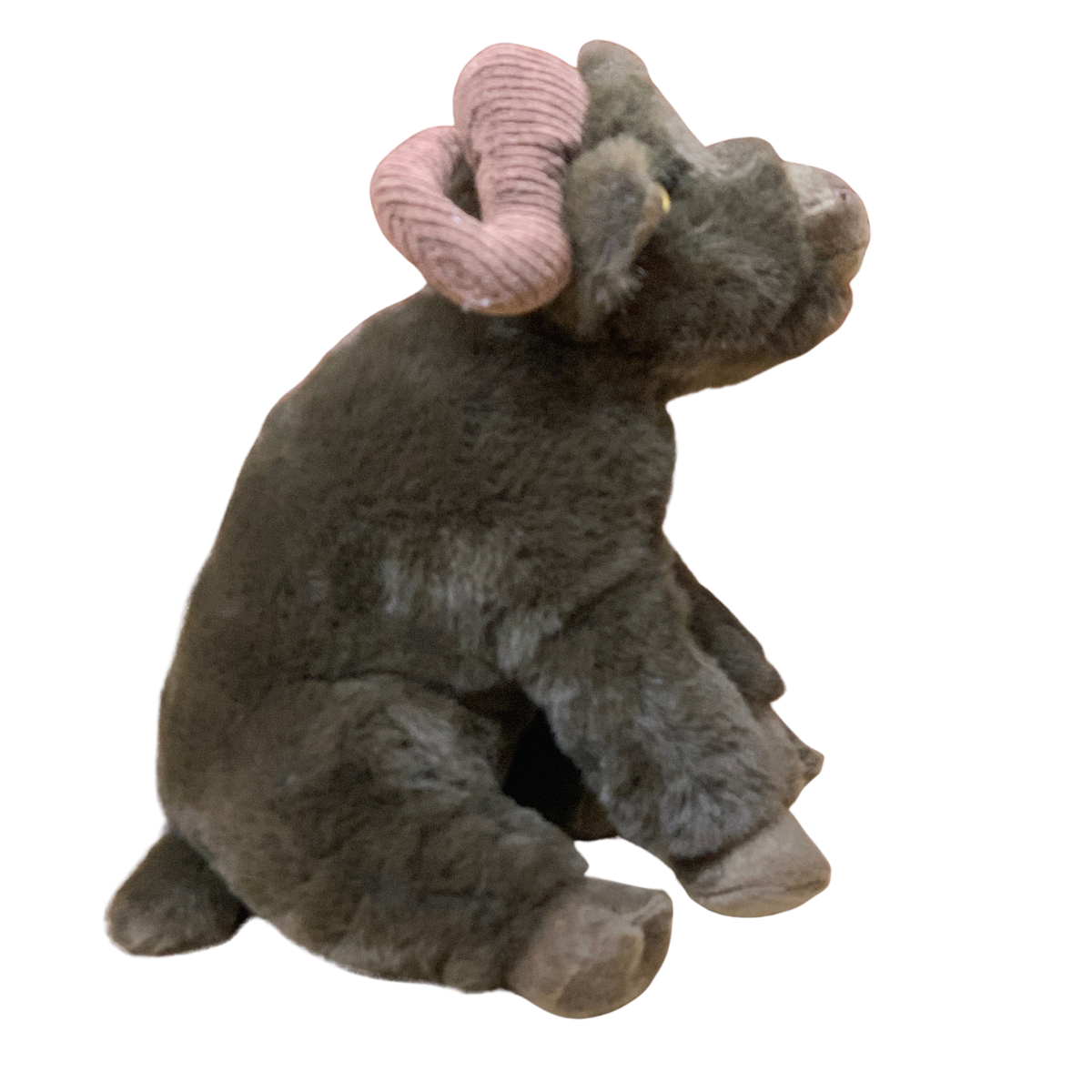 Plush elephant toy with a pink trunk on a white background