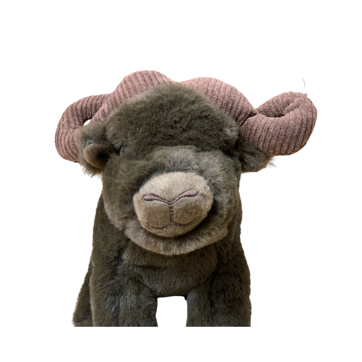 Plush toy moose with brown fur and pinkish-brown horns on a white background