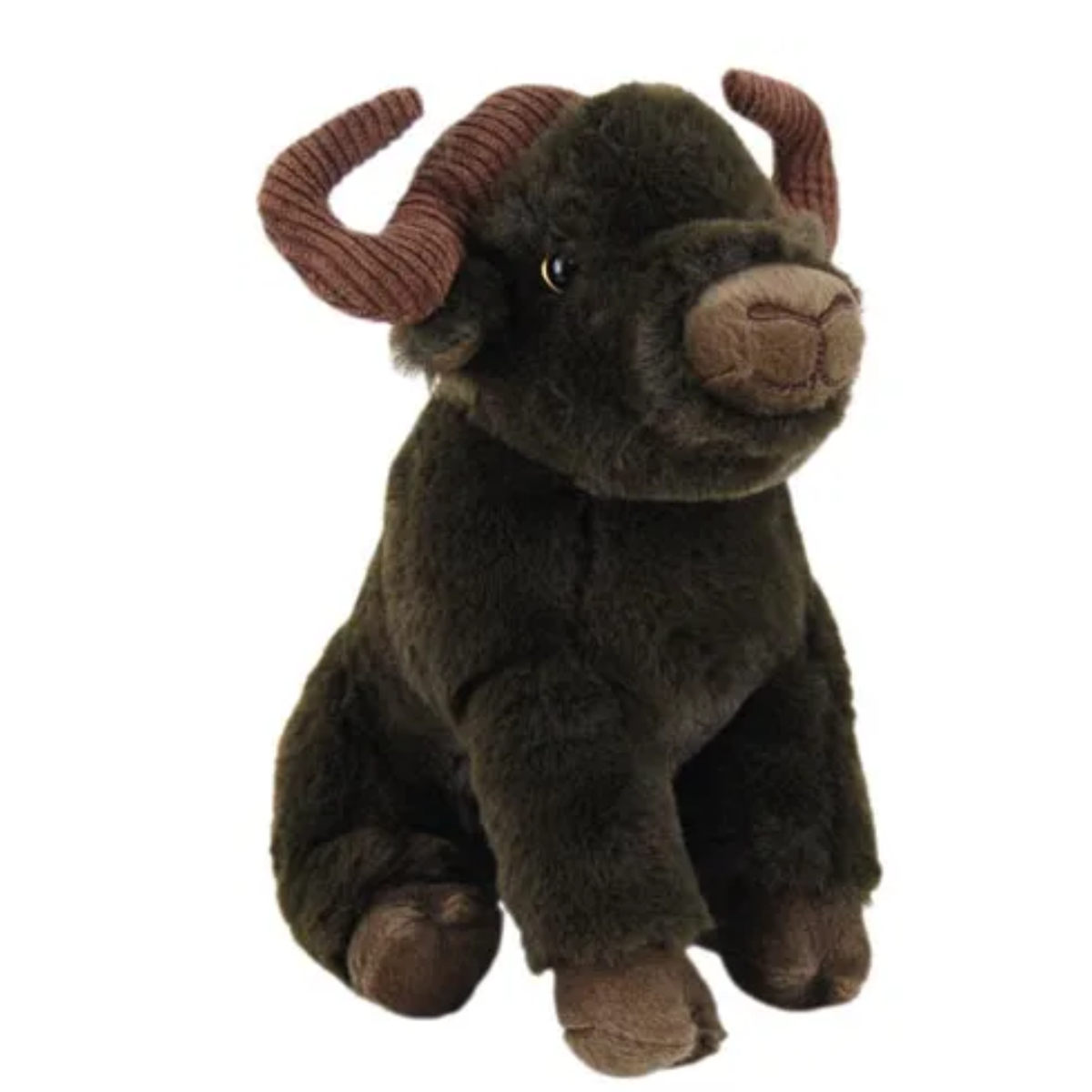 Plush toy bull with brown fur and red horns on a white background