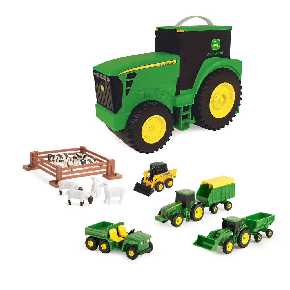 John Deere Carry Case Value Set. John Deere toy tractor set with various farm vehicles and animals on a white background