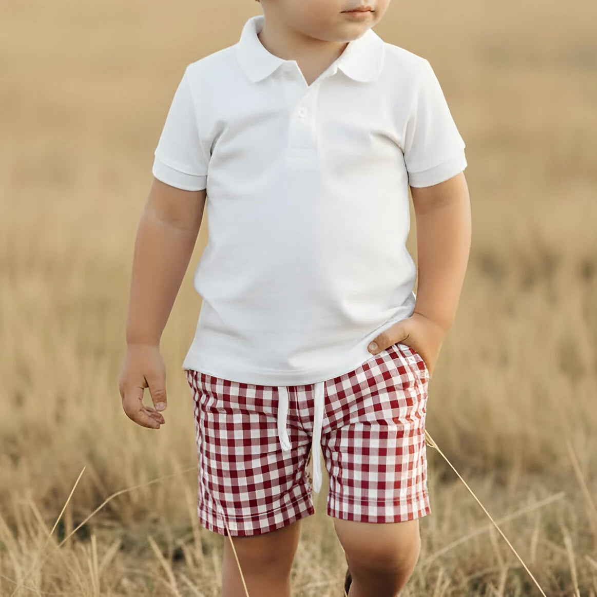 A toddler standing in a dry grassy field, wearing a white short-sleeve polo shirt and red-and-white gingham check shorts.