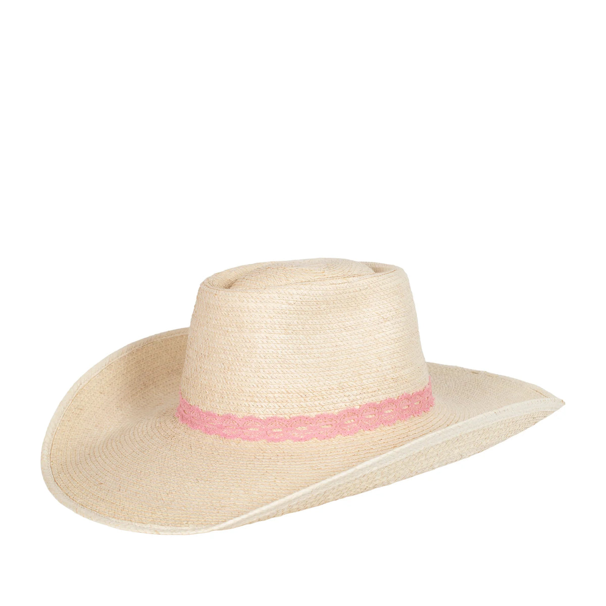 Beige straw hat with a pink band on a white background
