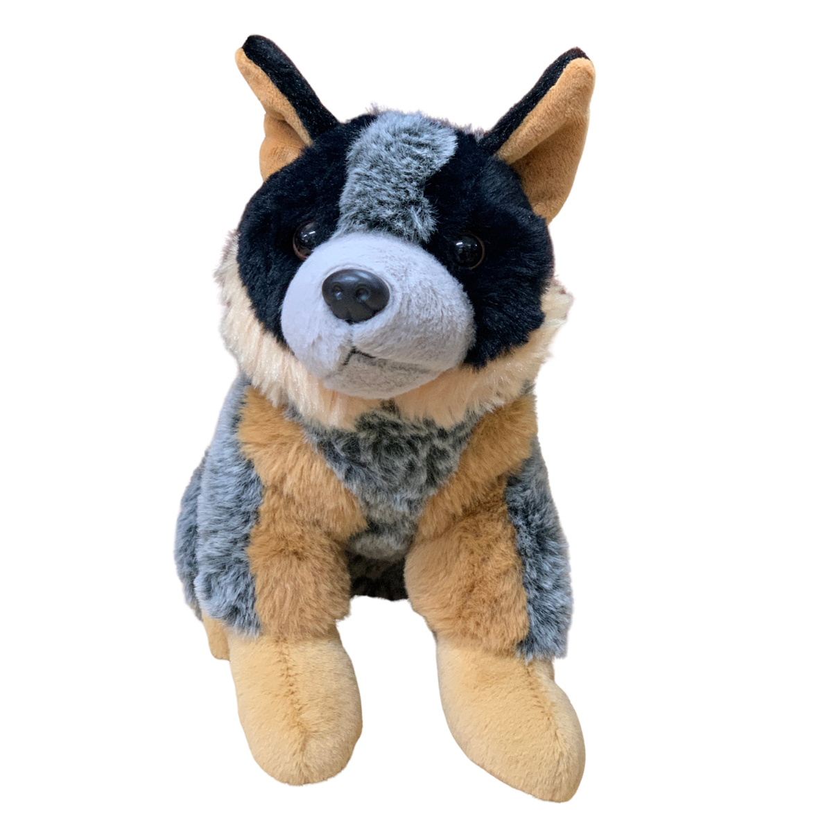 Plush toy resembling a corgi with a blue and brown pattern on a white background