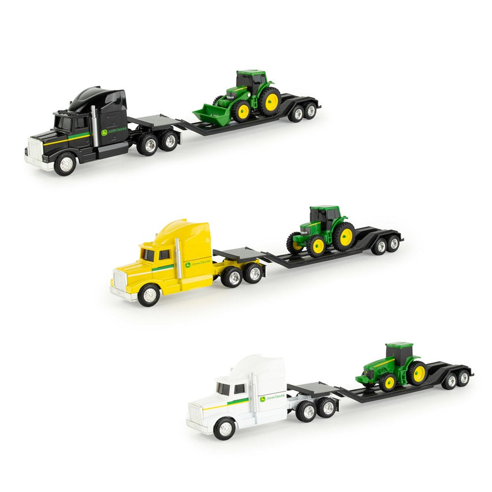 John Deere 1:64 Farm Semi Assortment. Set of toy trucks and tractors on a white background