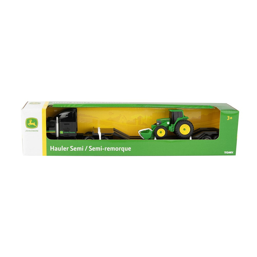 John Deere 1:64 Farm Semi Assortment. Toy hauler semi in packaging with John Deere logo on a white background