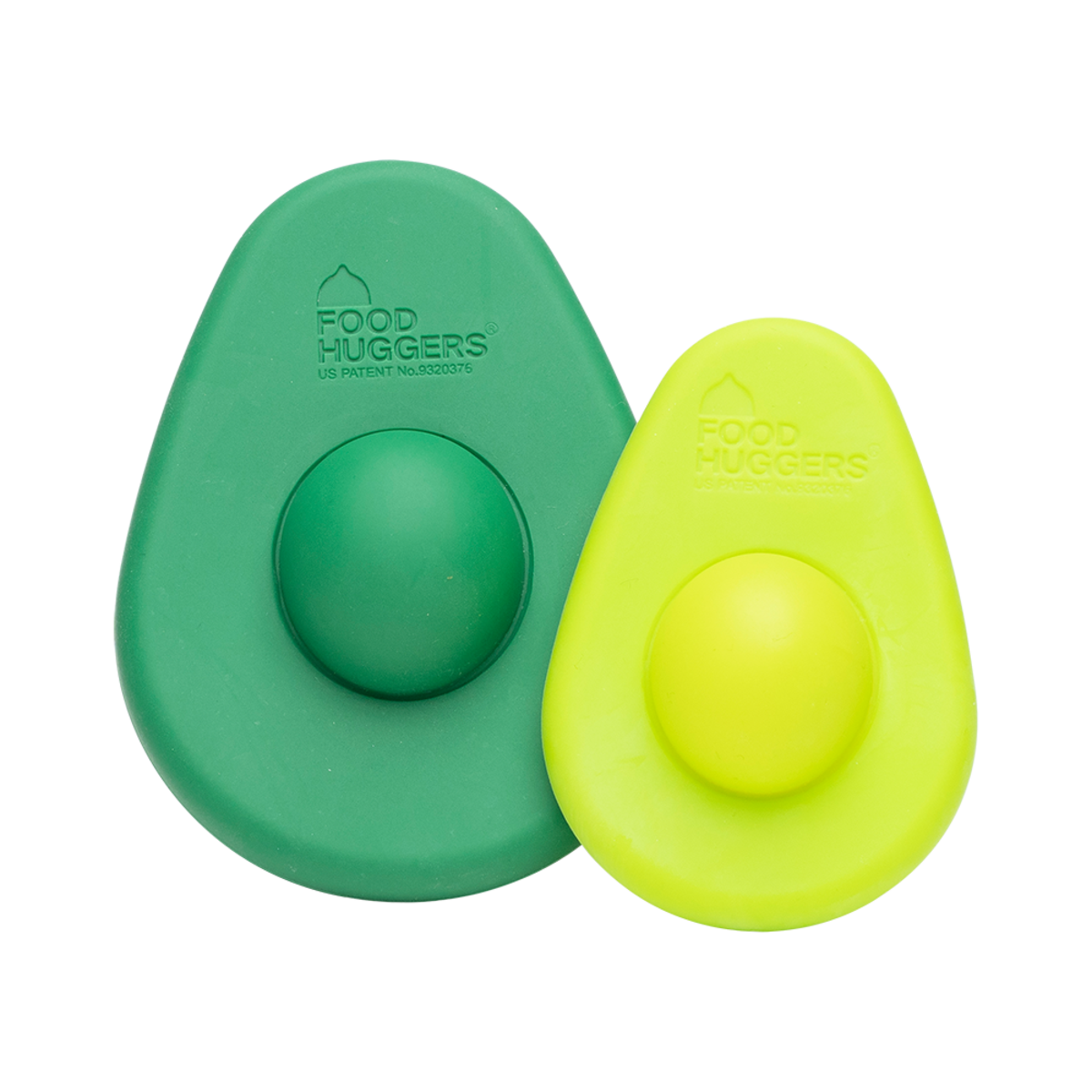 Two avocado-shaped silicone grip toys in green and yellow-green, shown on a plain white background. The left toy is solid green, and the right toy is split with a yellow-green textured center and a smooth yellow-green outer shell.