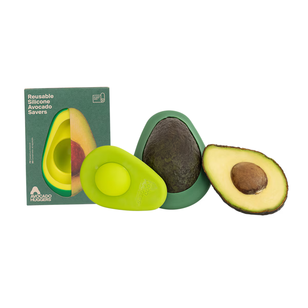 Reusable silicone avocado savers shown with their green packaging box, alongside two reusable avocado-shaped tools: one filled with avocado and one cut open to show the inside, on a plain white background.