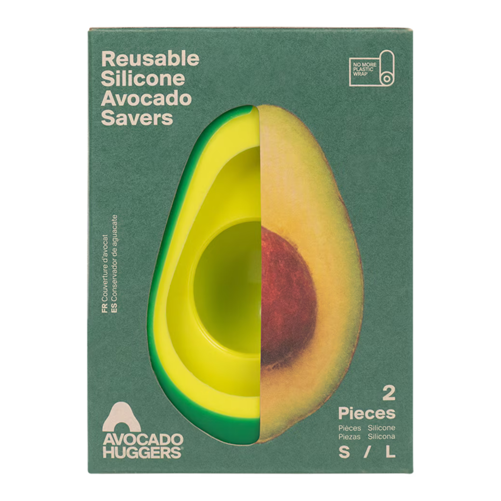 A package of reusable silicone avocado savers by Avocado Huggers, featuring a green box with a large graphic of a sliced avocado showing two pieces.
