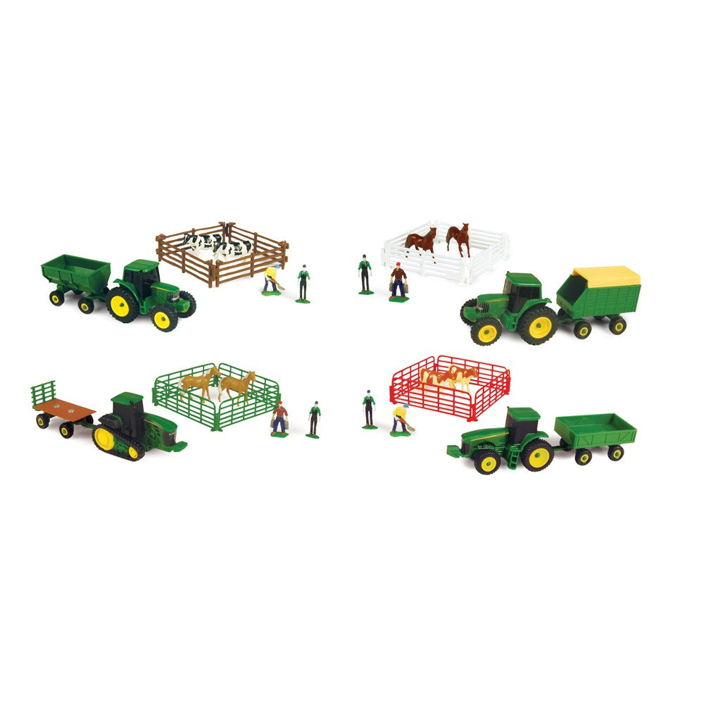 John Deere 10 Piece Mini Farm Set Assorted. Set of toy farm vehicles and figures on a white background