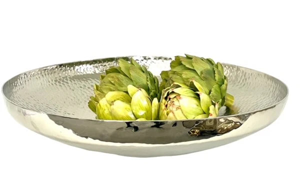 Hammer Centre Piece Bowl. Decorative silver bowl with artichokes on a white background