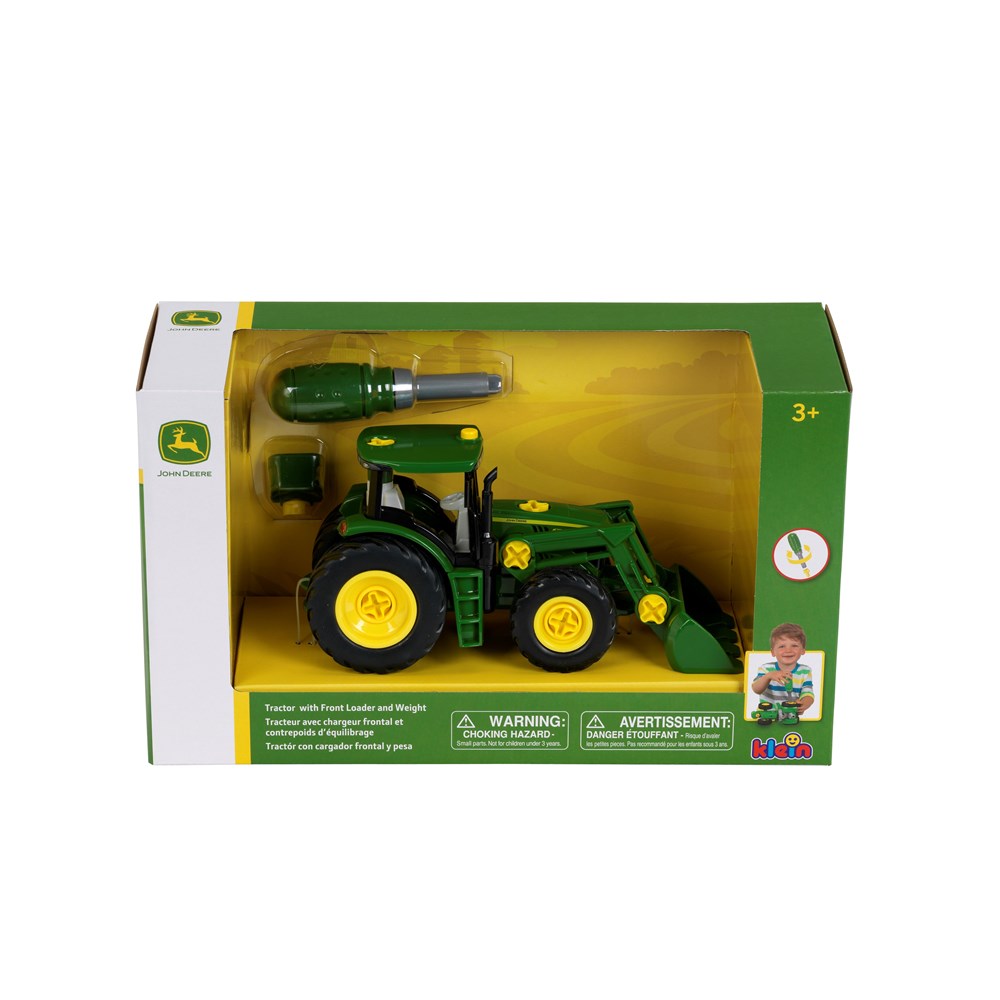 Toy tractor with front loader and weight in John Deere packaging on a white background
