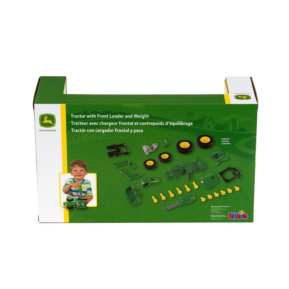 Box of a toy tractor set with front loader and weight, featuring John Deere branding.