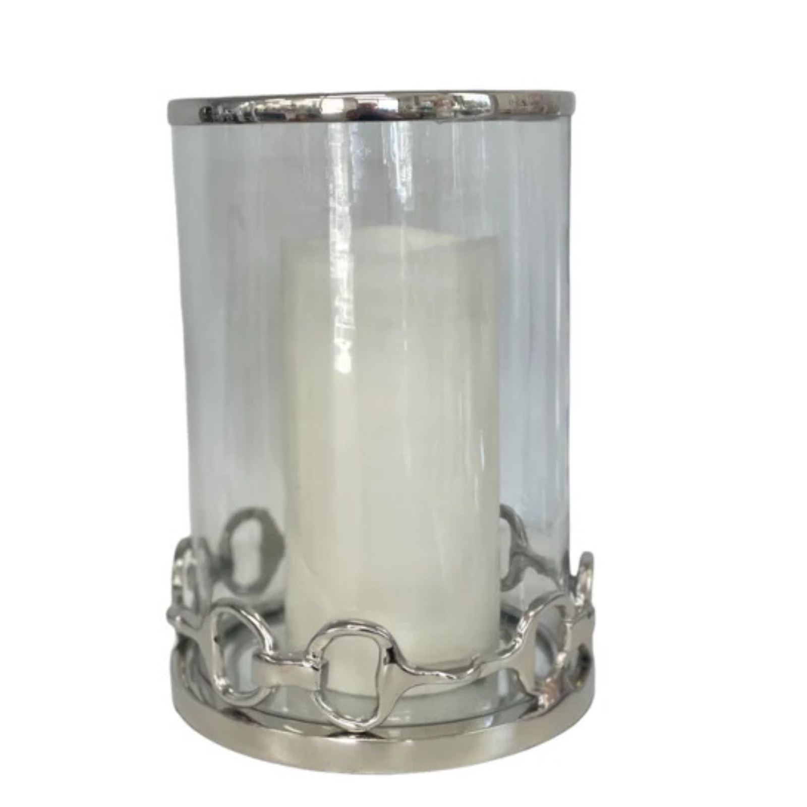 A clear glass cylindrical candle holder with a white pillar candle inside, featuring a polished silver metal top rim, base, and decorative chain-link style band around the lower portion.