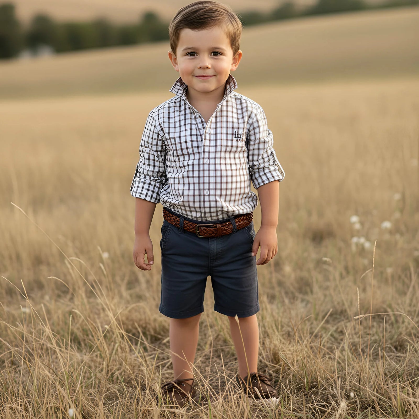 A young boy stands in a dry grassy field wearing a white and navy gingham long-sleeve button-up shirt, navy shorts, a brown patterned belt, and brown shoes.
