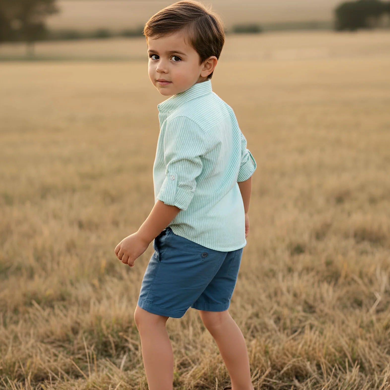 Young boy standing in a field wearing a light blue shirt and blue shorts.