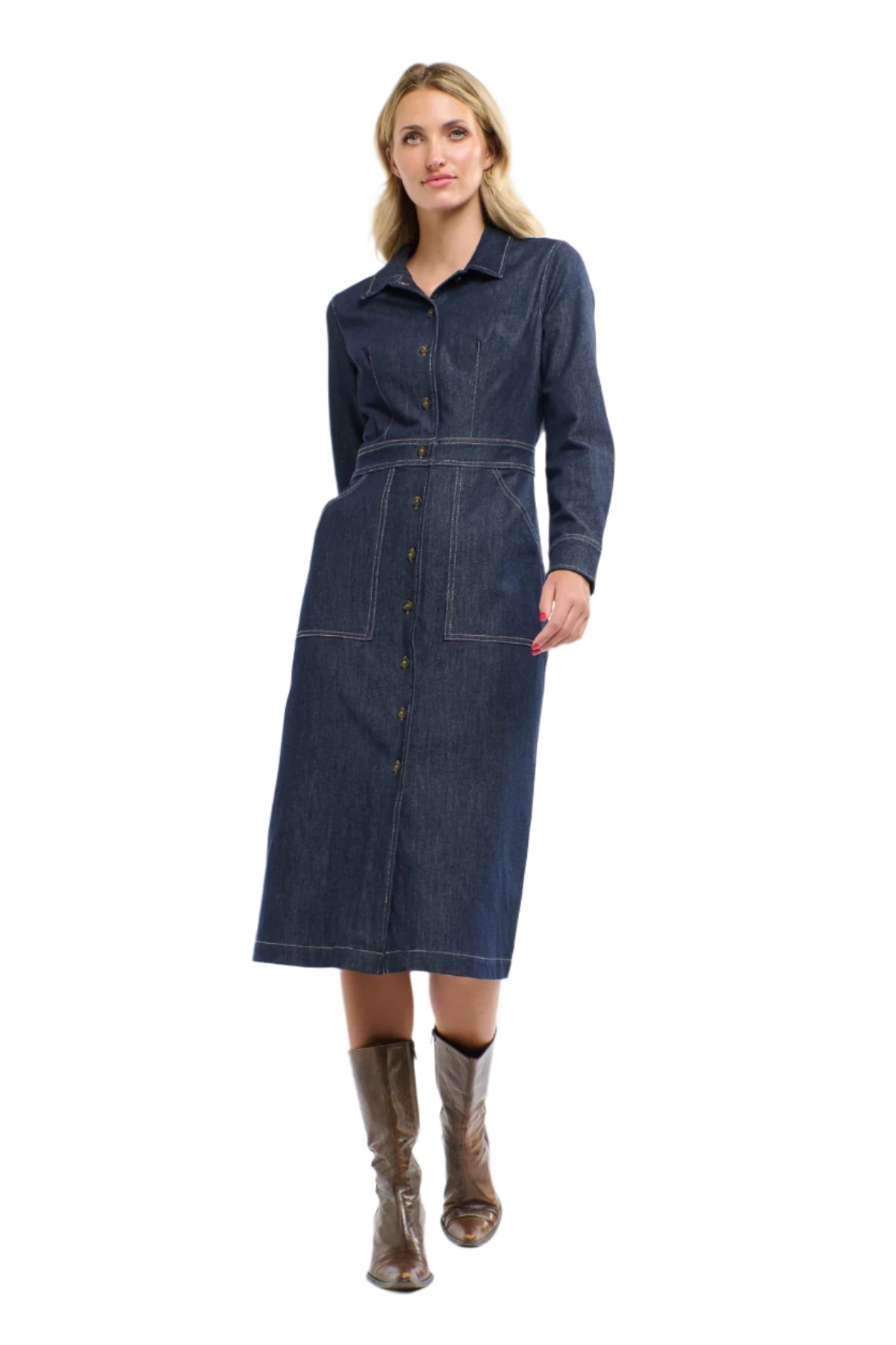 Woman wearing a 365 Women's Sabrina Denim Dres. A blue denim dress with brown boots on a white background