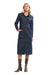 Woman wearing a 365 Women's Sabrina Denim Dres. A blue denim dress with brown boots on a white background