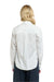 Rear view of a woman wearing a 365 Women's Tuxedo Shirt. A white blouse with ruffled details on a white background